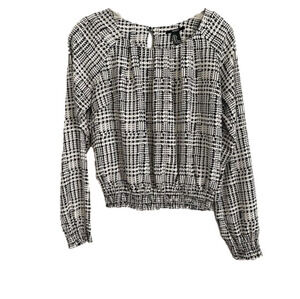 Houndstooth Blouse with Smocked Sleeves and Waistband